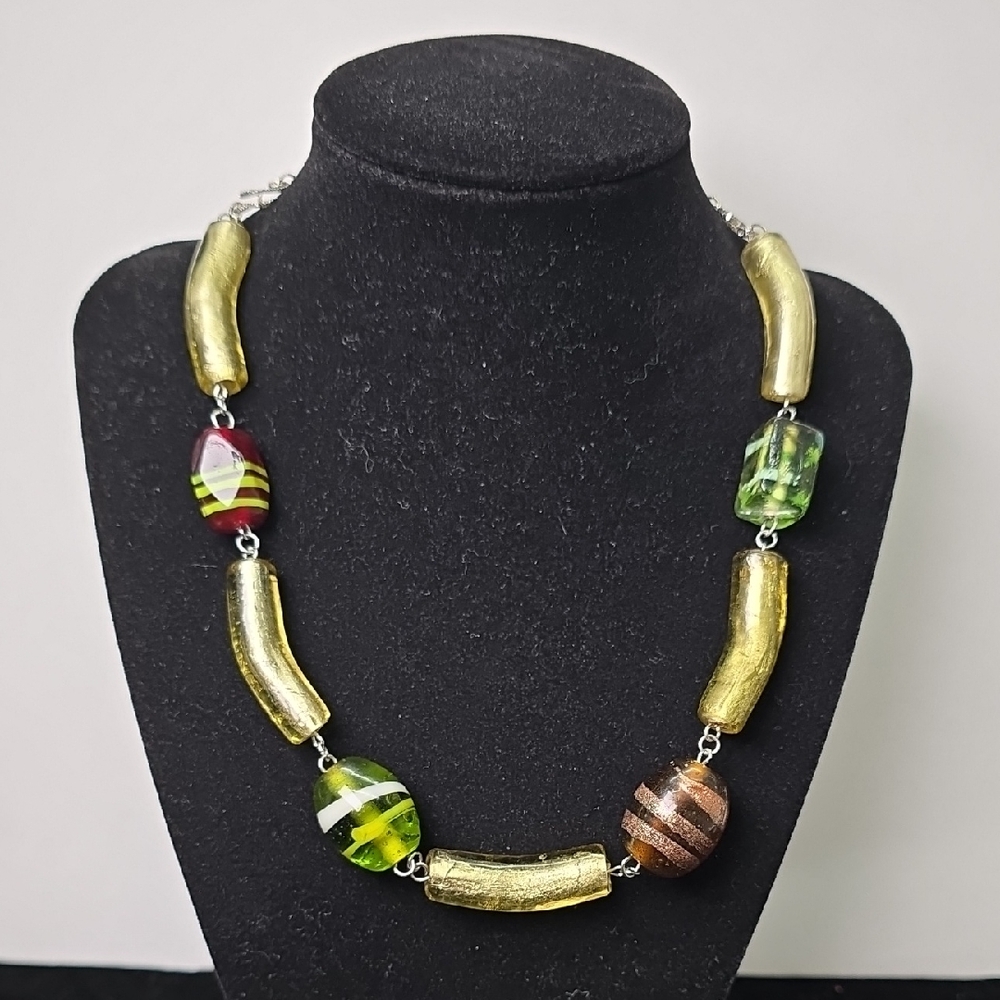 Artisan Gold and Green Beaded Necklace